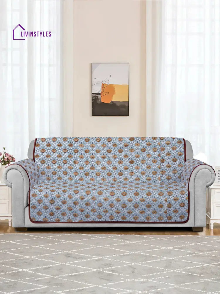 Quilted Floral 2 Seater Cotton Sofa Cover With Hand Rest Sky Blue