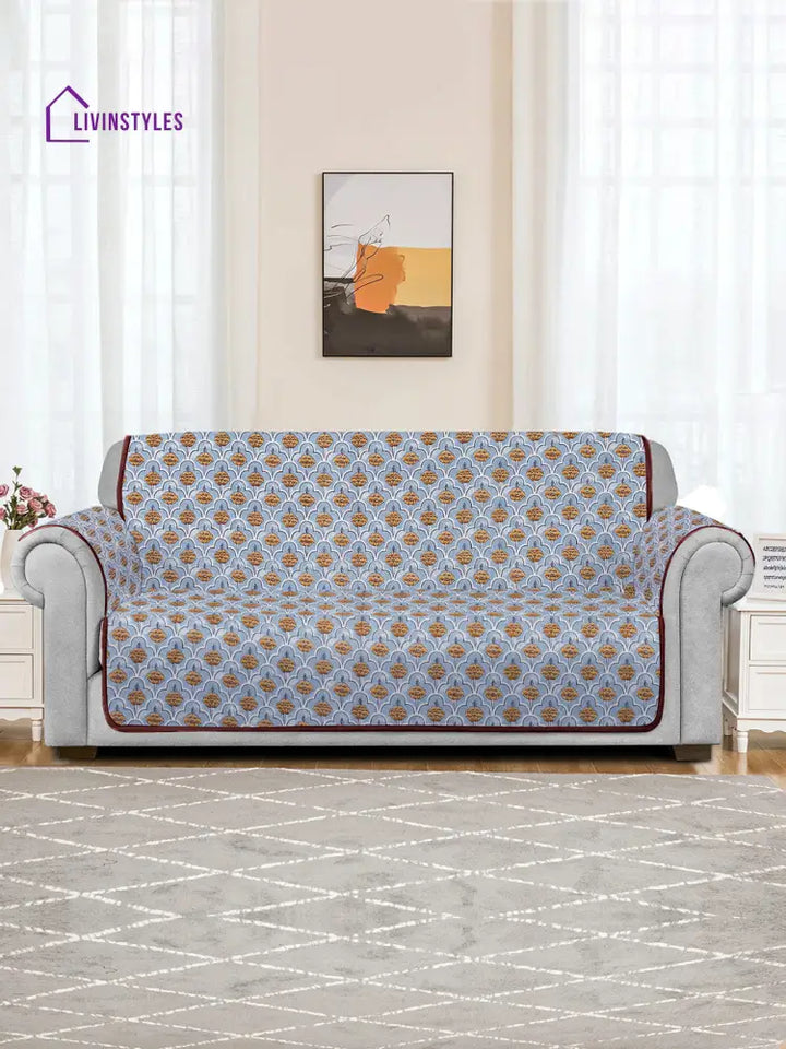 Quilted Floral 3 Seater Cotton Sofa Cover With Hand Rest Sky Blue