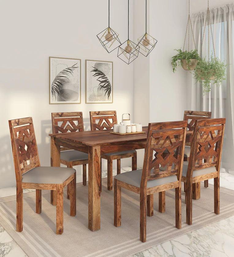 Lattice Sheesham Wood 6 Seater Dining Set In Rustic Teak Finish