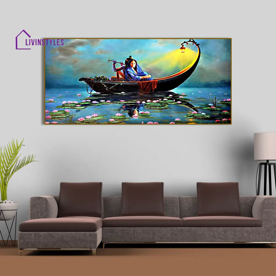 Radha Krishna on a Ferry Romantic Big Panoramic Wall Painting