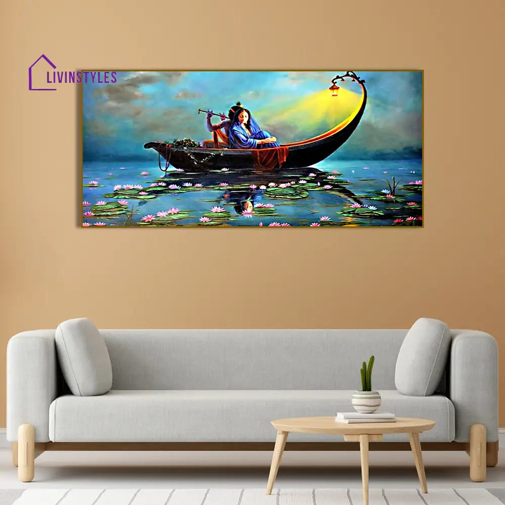 Radha Krishna on a Ferry Romantic Big Panoramic Wall Painting