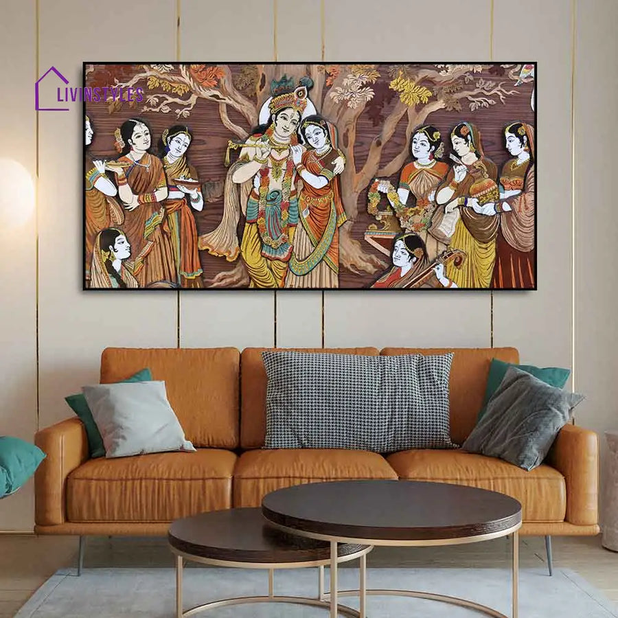 Radha Krishna Rasleela Canvas Wall Painting Only Printed (No Frame Included)