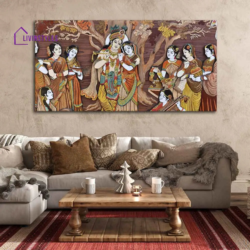 Radha Krishna Rasleela Canvas Wall Painting Ready To Hang (Fitted With Wood Frame)