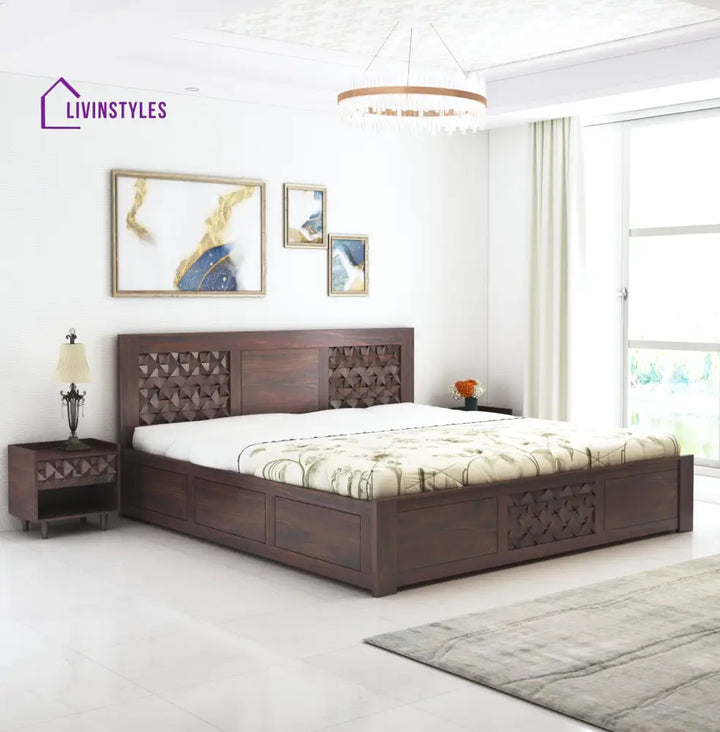 Raj Solid Sheesham Wood Full Box Storage Bed - 1 Year Warranty King Size:72*78 / Walnut