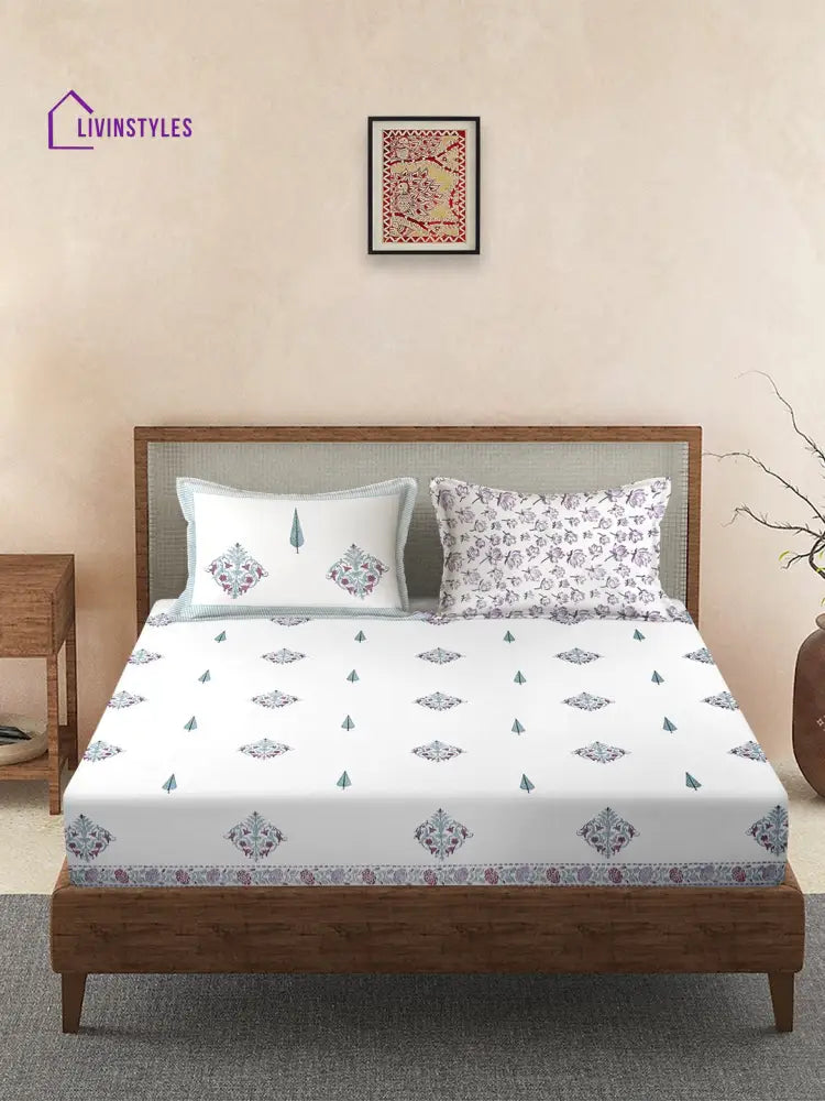 Rajasthan Decor 240 Tc Percale Cotton Hand Block King Bedsheet With 2 Pillow Covers Bed Sheet