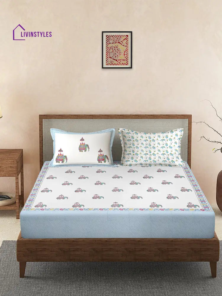 Rajasthan Decor 240 Tc Percale Cotton Hand Block King Bedsheet With 2 Pillow Covers Bed Sheet