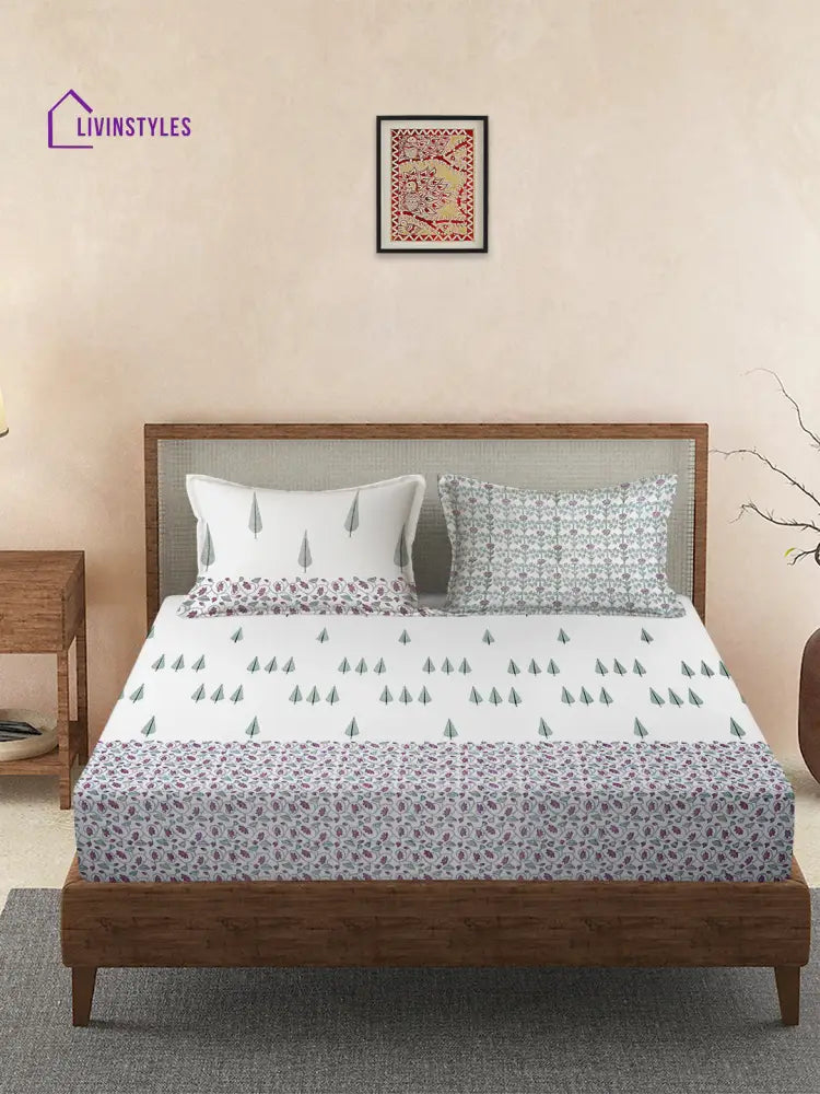 Rajasthan Decor 240 Tc Percale Cotton Hand Block King Bedsheet With 2 Pillow Covers Bed Sheet