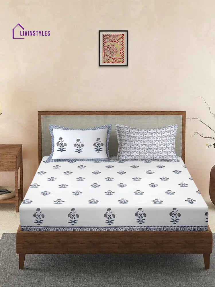 Rajasthan Decor 240 Tc Percale Cotton Hand Block King Bedsheet With 2 Pillow Covers Bed Sheet