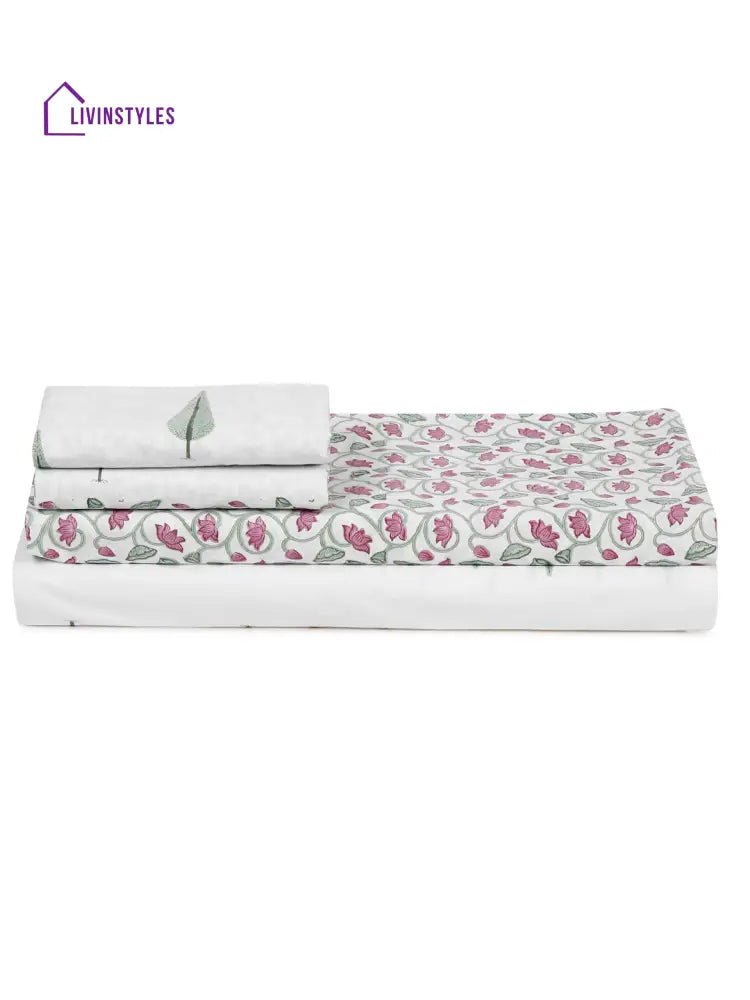 Rajasthan Decor 240 Tc Percale Cotton Hand Block King Bedsheet With 2 Pillow Covers Bed Sheet