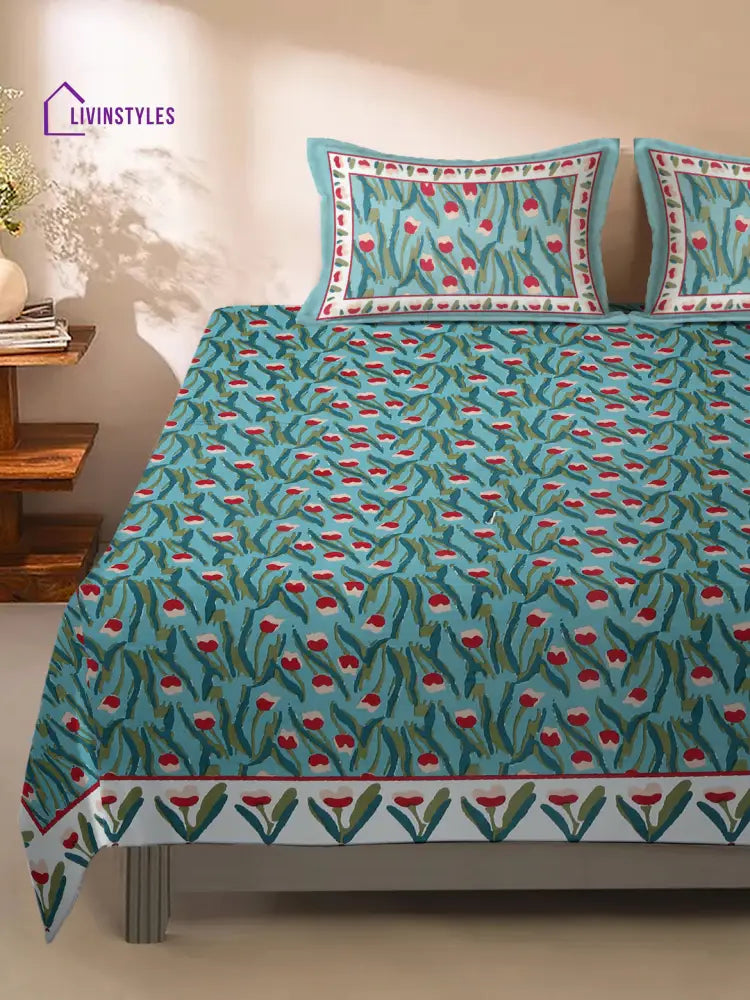 Rajasthan Decor Bottle Green Floral Print Cotton King Bed Sheet With 2 Pillow Covers