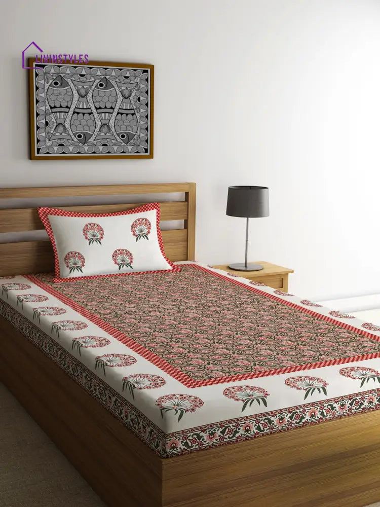 Rajasthan Decor Cotton Jaipuri Floral Single Bed Sheet With 1 Pillow Cover