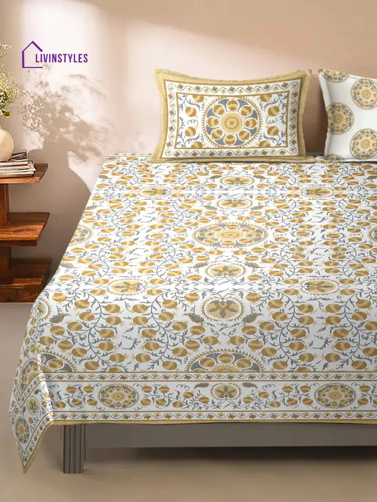 Rajasthan Decor Floral Print White And Beige King Size Bed Sheet With 2 Pillow Covers