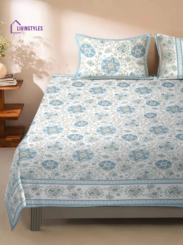 Rajasthan Decor Floral Print White And Blue King Size Bed Sheet With 2 Pillow Covers