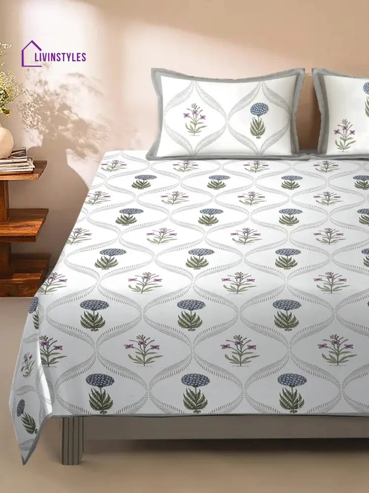 Rajasthan Decor Floral Print White And Green King Size Bed Sheet With 2 Pillow Covers