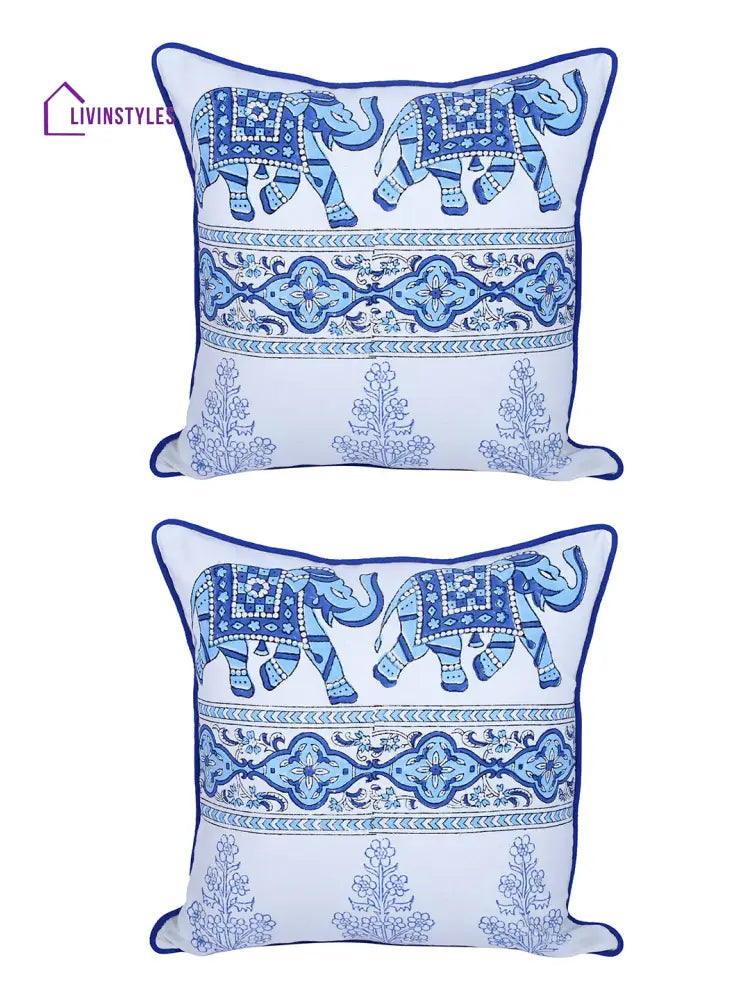 Rajasthan Décor Hand Block Animal Pattern White And Sky Blue Cotton Cushion Cover Set Of 2 (12X12