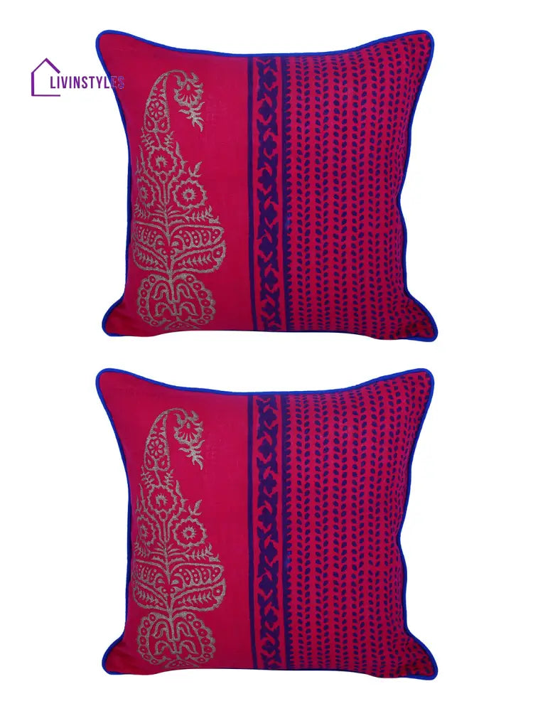 Rajasthan Décor Hand Block Floral Maroon Cotton Cushion Cover Set Of 2 (12X12 Inches)