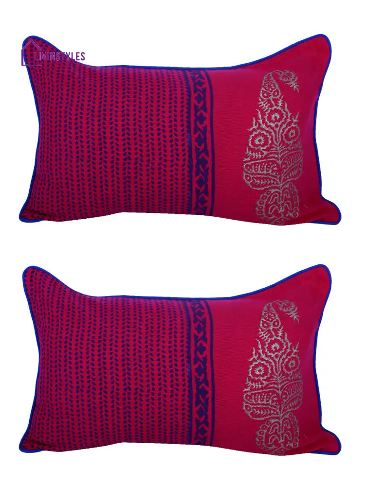 Rajasthan Décor Hand Block Floral Maroon Cotton Cushion Cover Set Of 2 (12X18 Inches)