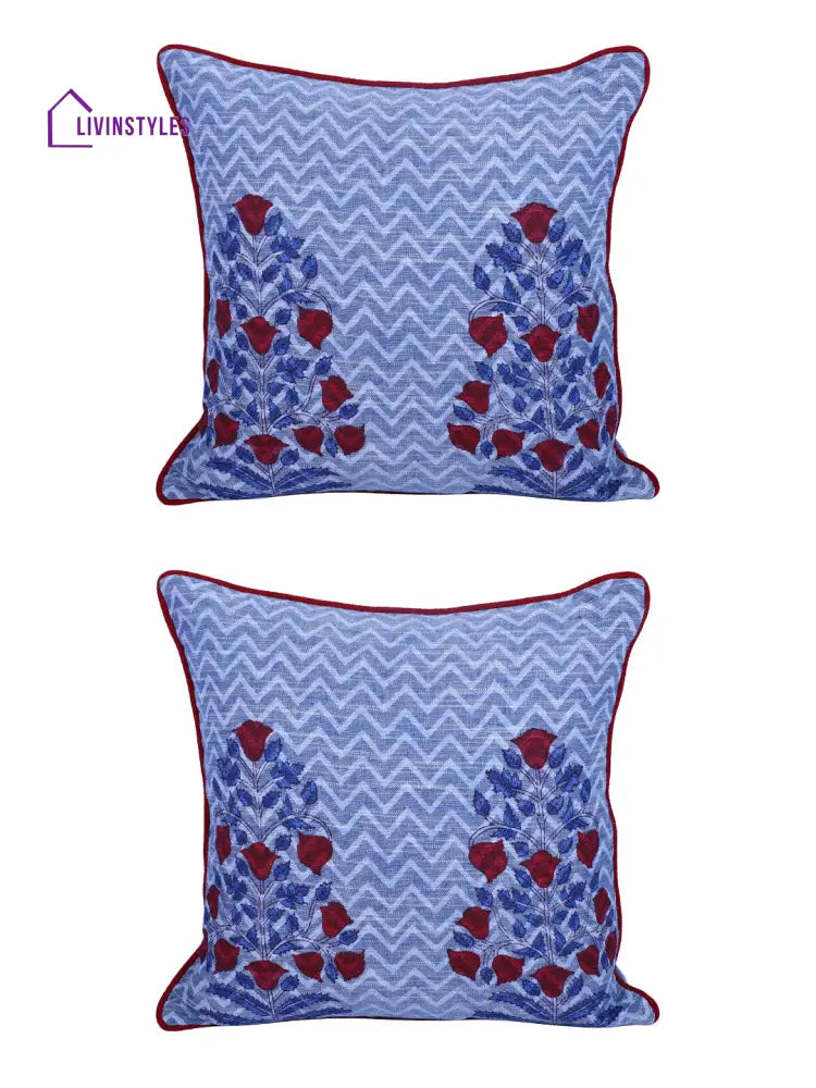 Rajasthan Décor Hand Block Floral Sky Blue Cotton Cushion Cover Set Of 2 (12X12 Inches)