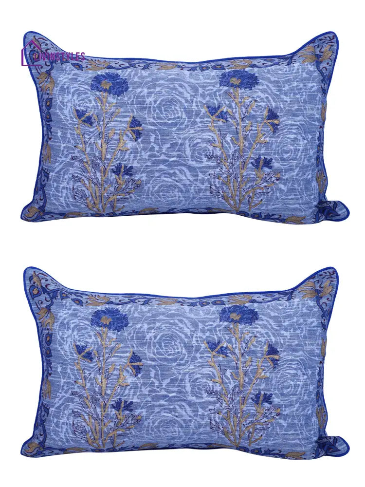 Rajasthan Décor Hand Block Floral Sky Blue Cotton Cushion Cover Set Of 2 (12X18 Inches)