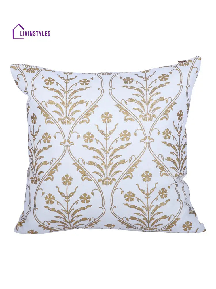 Rajasthan Décor Hand Block Floral White And Gold Cotton Cushion Cover Set Of 2 (12X12 Inches)