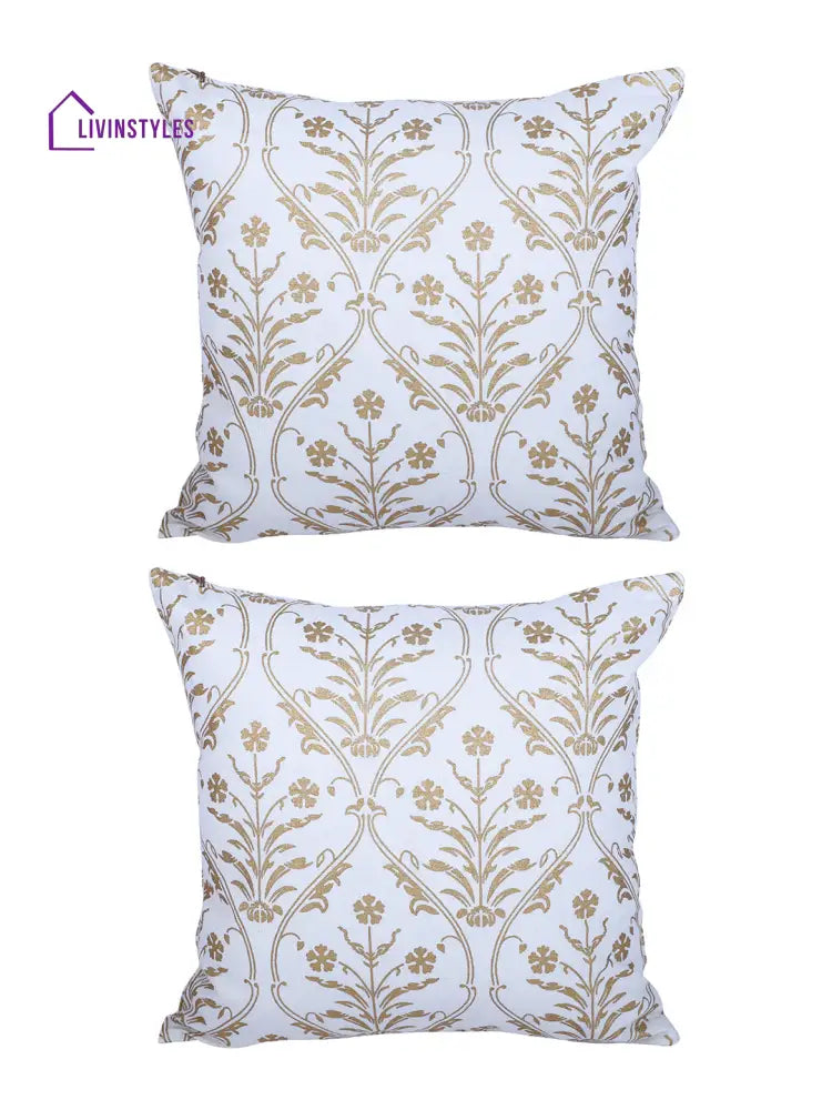 Rajasthan Décor Hand Block Floral White And Gold Cotton Cushion Cover Set Of 2 (12X12 Inches)