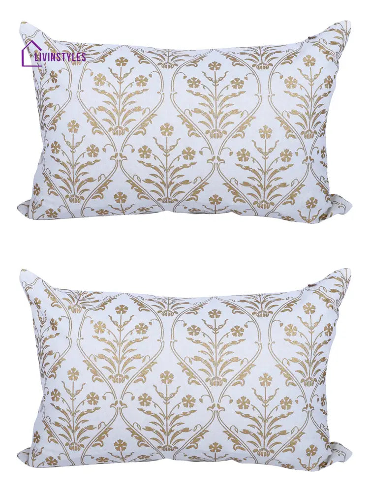 Rajasthan Décor Hand Block Floral White And Gold Cotton Cushion Cover Set Of 2 (12X18 Inches)