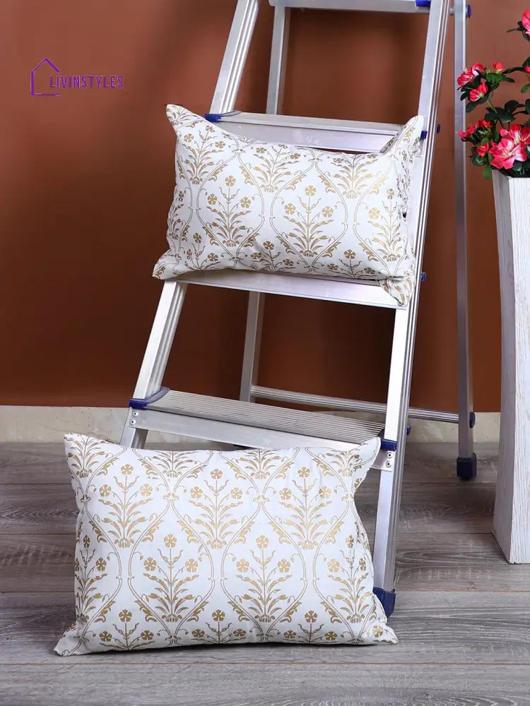 Rajasthan Décor Hand Block Floral White And Gold Cotton Cushion Cover Set Of 2 (12X18 Inches)