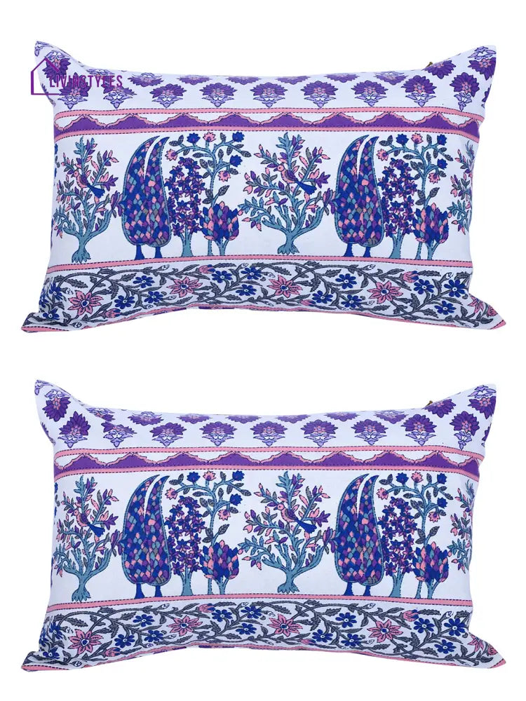 Rajasthan Décor Hand Block Floral White And Indigo Cotton Cushion Cover Set Of 2 (12X18 Inches)