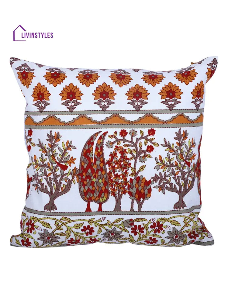 Rajasthan Décor Hand Block Floral White And Orange Cotton Cushion Cover Set Of 2 (12X12 Inches)