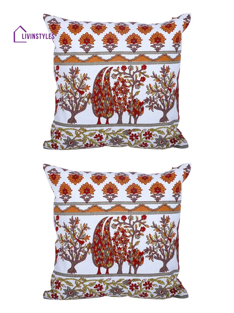 Rajasthan Décor Hand Block Floral White And Orange Cotton Cushion Cover Set Of 2 (12X12 Inches)