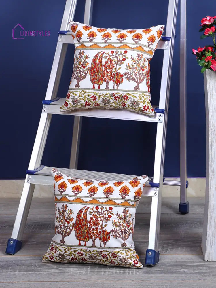 Rajasthan Décor Hand Block Floral White And Orange Cotton Cushion Cover Set Of 2 (12X12 Inches)