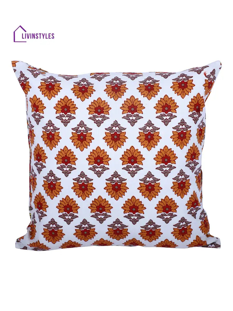 Rajasthan Décor Hand Block Floral White And Orange Cotton Cushion Cover Set Of 2 (12X12 Inches)