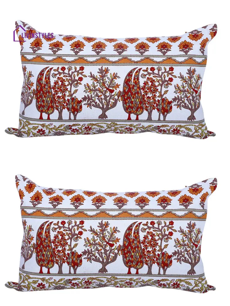 Rajasthan Décor Hand Block Floral White And Orange Cotton Cushion Cover Set Of 2 (12X18 Inches)