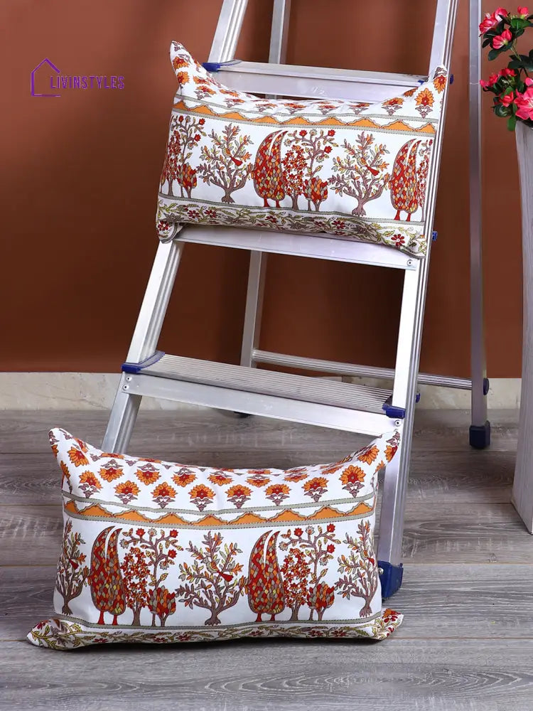 Rajasthan Décor Hand Block Floral White And Orange Cotton Cushion Cover Set Of 2 (12X18 Inches)