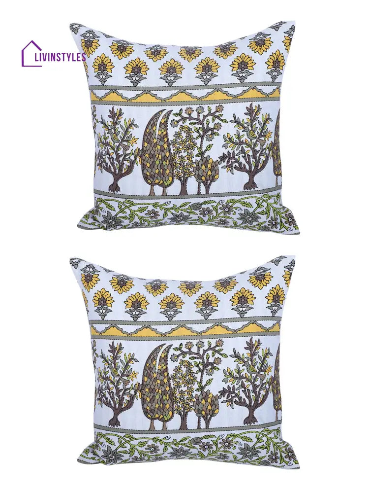 Rajasthan Décor Hand Block Floral White And Yellow Cotton Cushion Cover Set Of 2 (12X12 Inches)