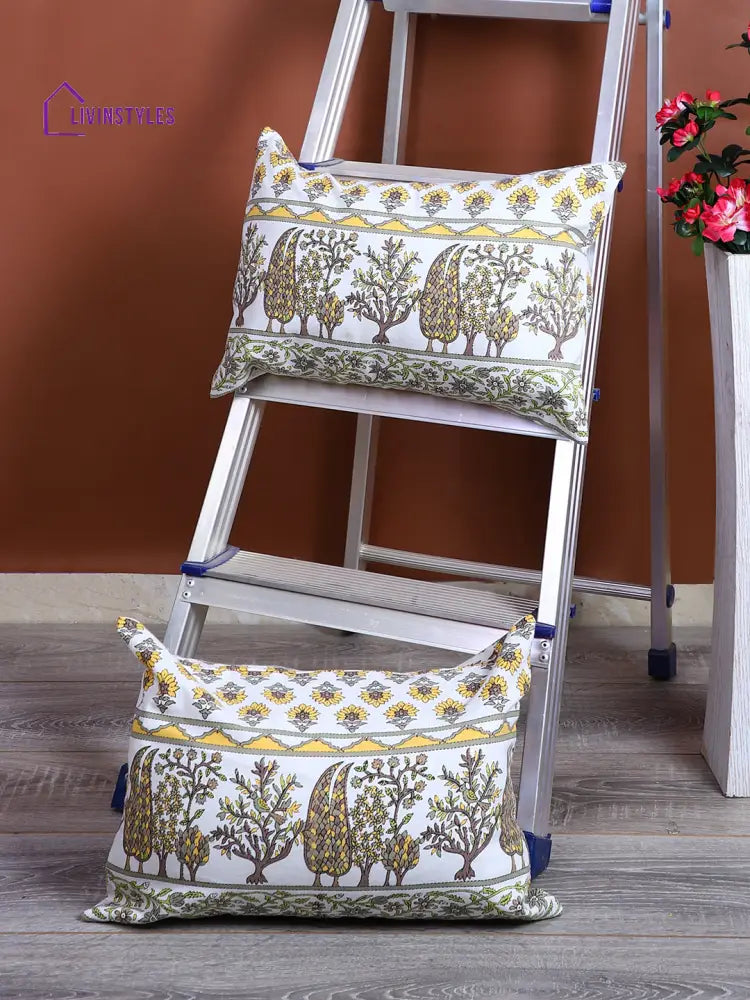 Rajasthan Décor Hand Block Floral White And Yellow Cotton Cushion Cover Set Of 2 (12X18 Inches)