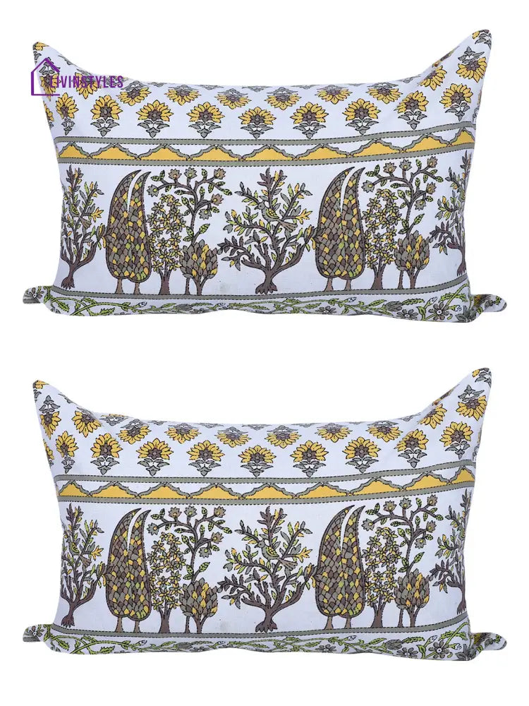 Rajasthan Décor Hand Block Floral White And Yellow Cotton Cushion Cover Set Of 2 (12X18 Inches)