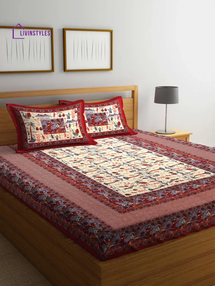 Rajasthan Decor Jaipuri Print Cotton Double Bedsheet With 2 Pillow Covers