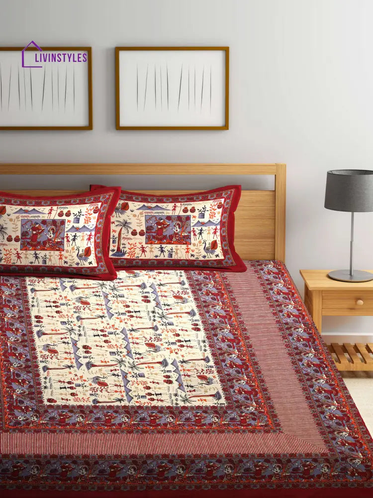 Rajasthan Decor Jaipuri Print Cotton Double Bedsheet With 2 Pillow Covers