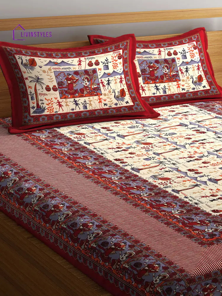 Rajasthan Decor Jaipuri Print Cotton Double Bedsheet With 2 Pillow Covers