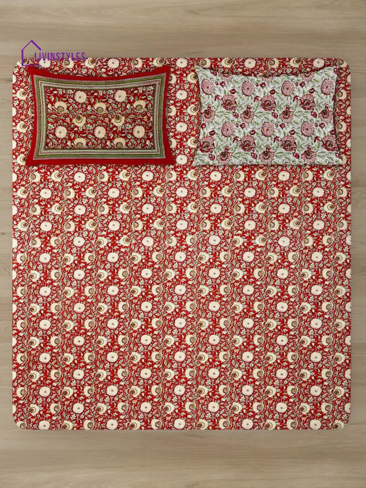 Rajasthan Decor Red Floral Print Cotton King Bed Sheet With 2 Pillow Covers