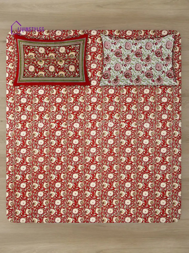 Rajasthan Decor Red Floral Print Cotton King Bed Sheet With 2 Pillow Covers