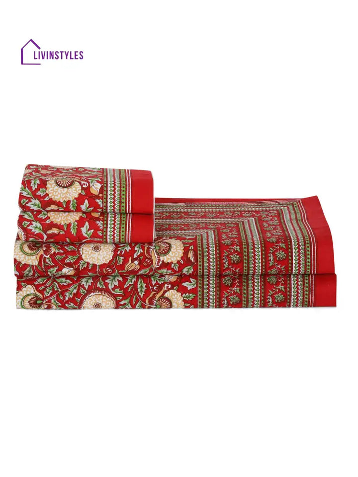 Rajasthan Decor Red Floral Print Cotton King Bed Sheet With 2 Pillow Covers