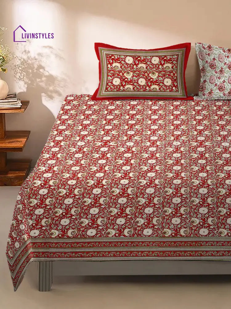 Rajasthan Decor Red Floral Print Cotton King Bed Sheet With 2 Pillow Covers