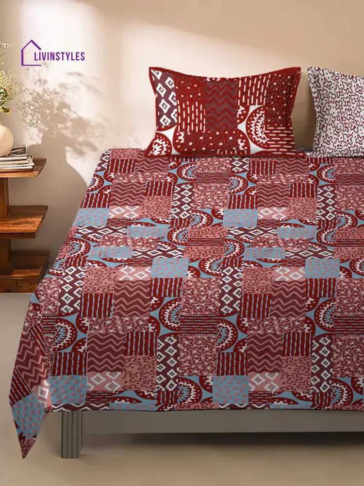 Rajasthan Décor Red Geometric Print Cotton King Bed Sheet With 2 Pillow Covers