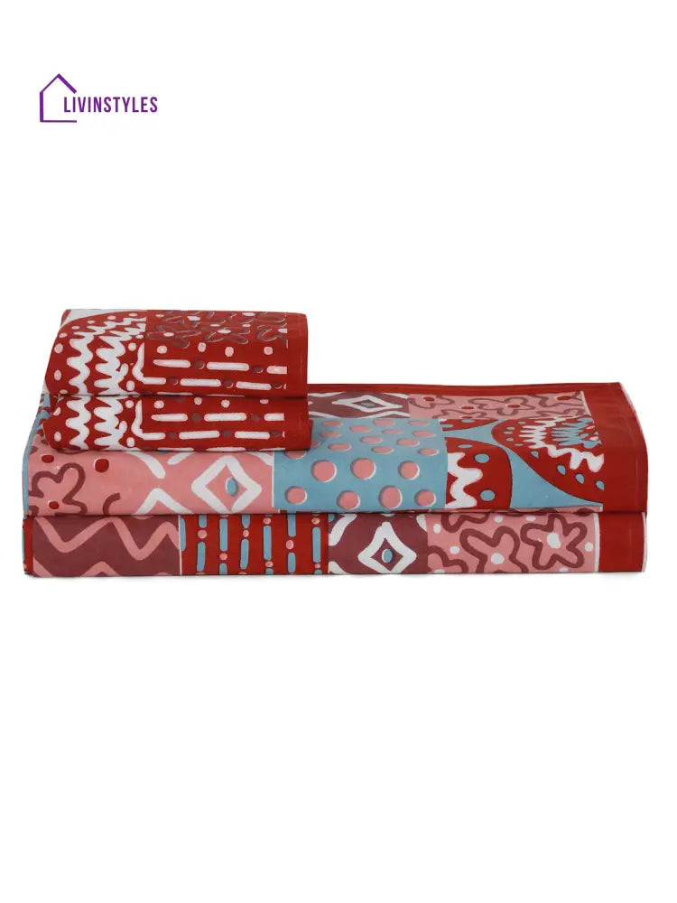 Rajasthan Décor Red Geometric Print Cotton King Bed Sheet With 2 Pillow Covers