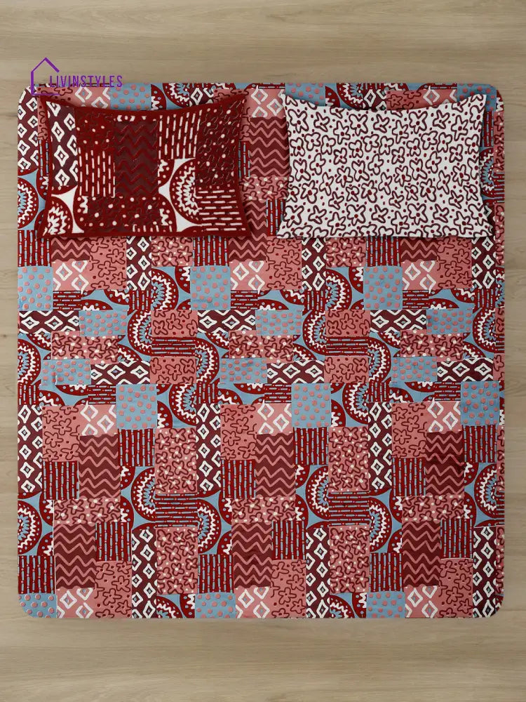 Rajasthan Décor Red Geometric Print Cotton King Bed Sheet With 2 Pillow Covers