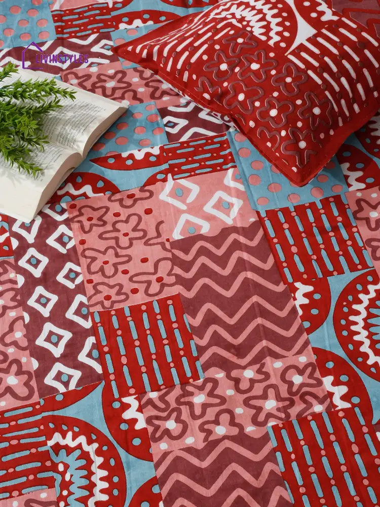 Rajasthan Décor Red Geometric Print Cotton King Bed Sheet With 2 Pillow Covers