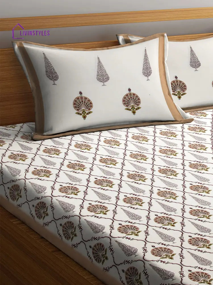 Rajasthan Decor Screen Block Print Jaipuri Cotton Floral Pattern King Bedsheet With 2 Pillow Covers