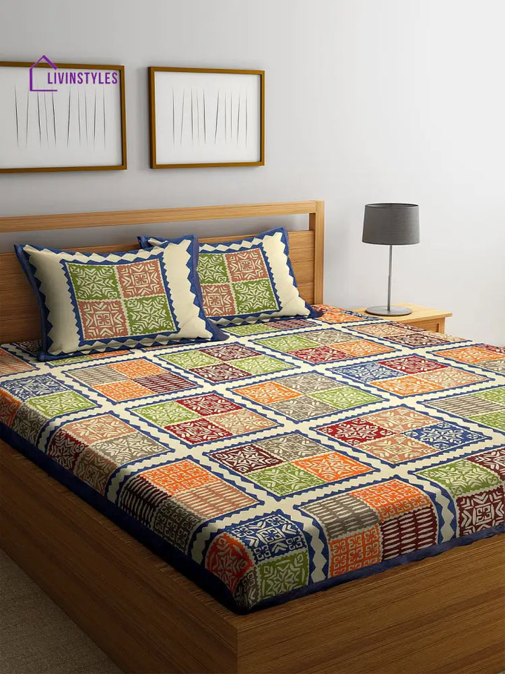 Rajasthan Decor Screen Block Print Jaipuri Cotton Geometric Pattern King Size Bedsheet With 2